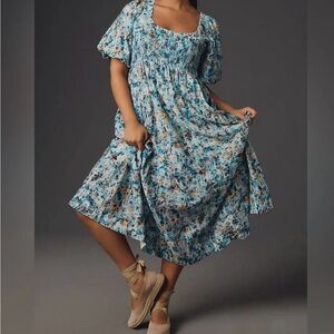 Anthropologie Chic Floral Midi Dress in Blue new large petite